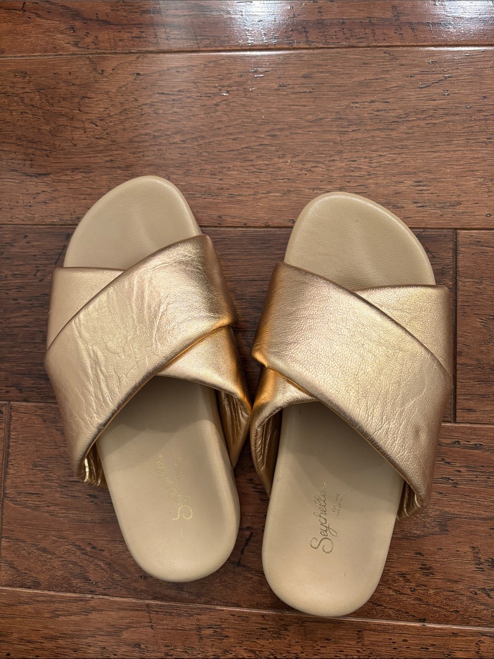 Seychelles Metallic Gold Crossband Slide Sandals